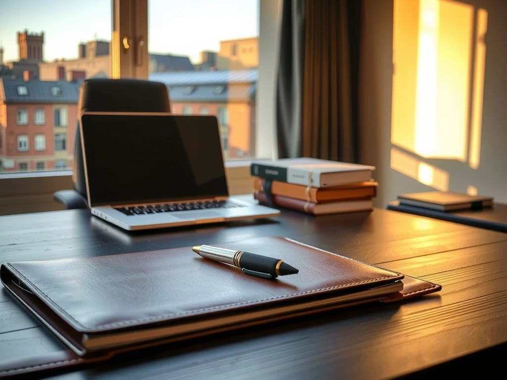 Geschlossene Akte auf einem Schreibtisch bei warmem Licht